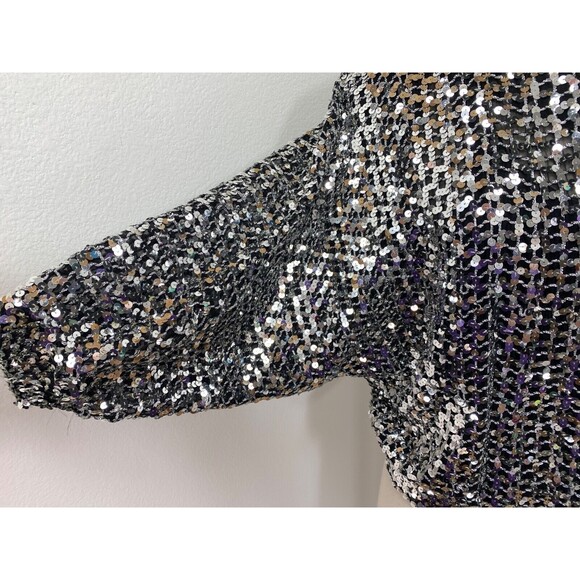 Vintage 80s Silver Sequin Blouse Med 3/4 Sleeves Cocktail Party Formal Evening - Picture 5 of 10